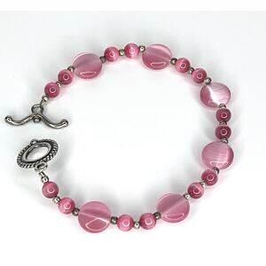 Pink Tigers Eye Beaded Bracelet 9" Glass Bead Silver Toggle Clasp Vtg Jewlery
